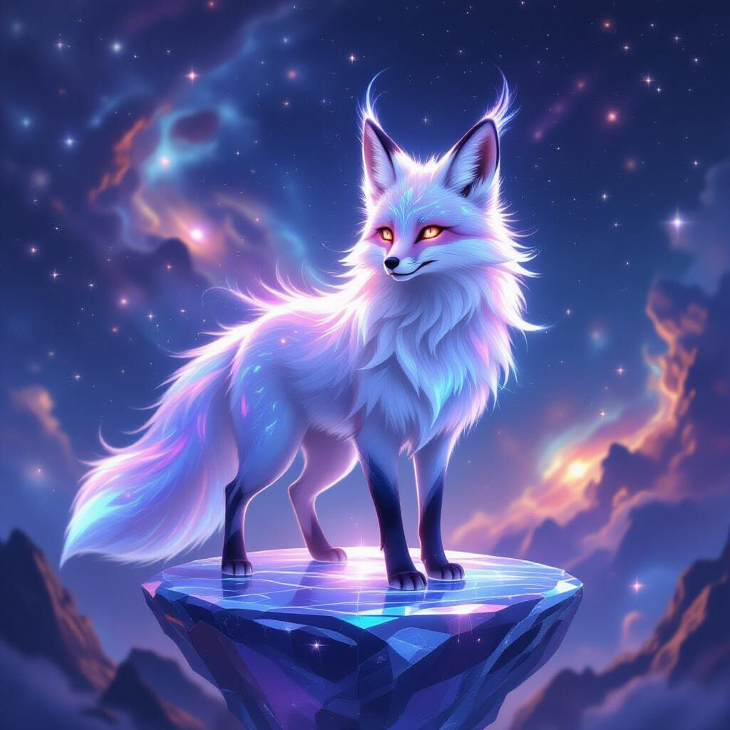 Cosmic Fox on Crystal Platform in Ethereal Fantasy Art Style