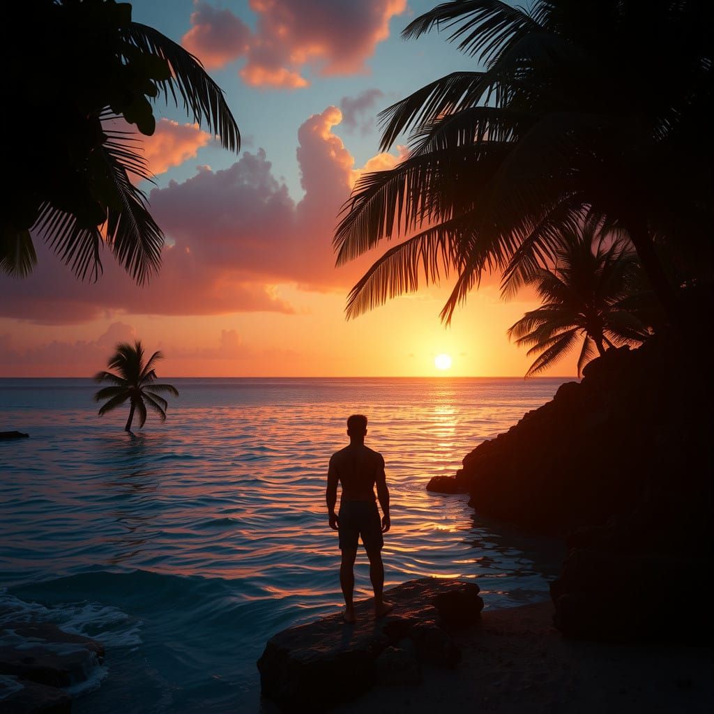 Mysterious Tropical Paradise with Cinematic Film Still Aesth...