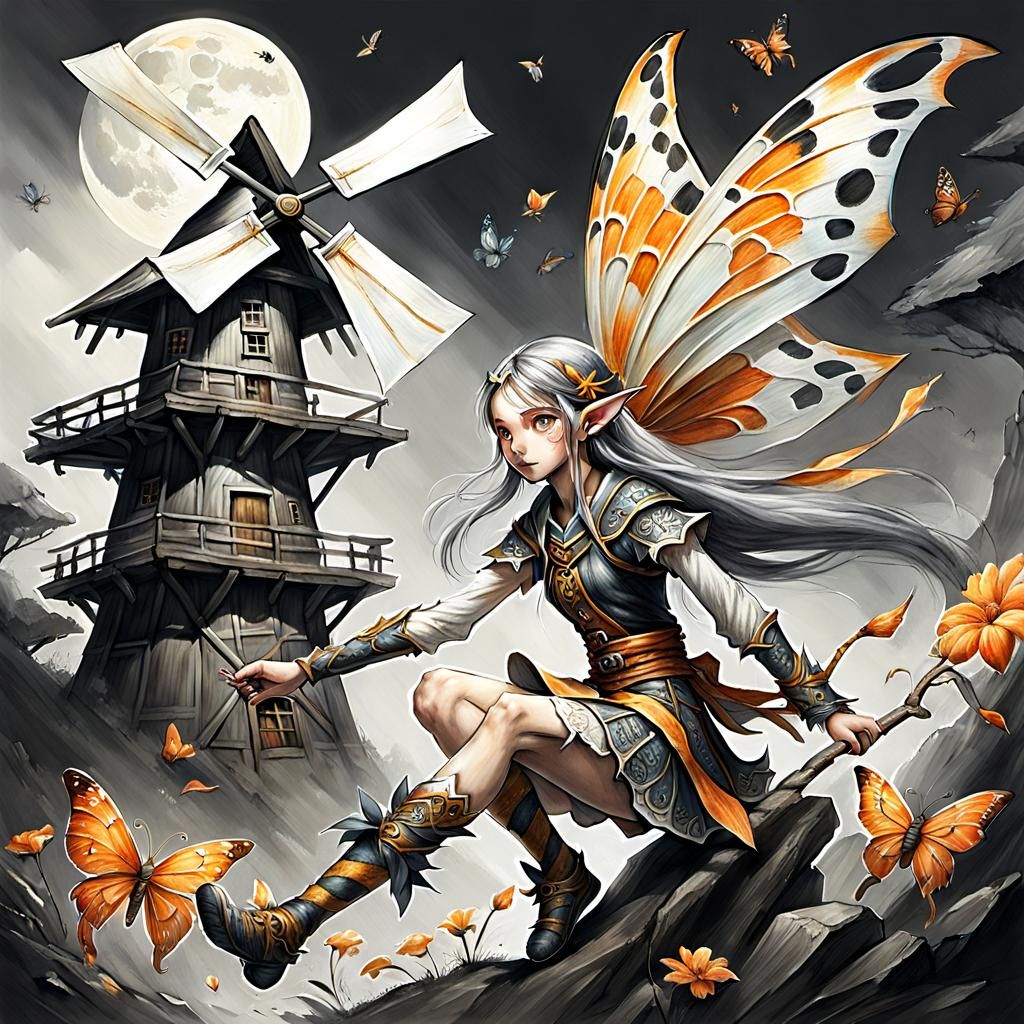 Elf Fairy and Tiger in Tachisme Brushwork