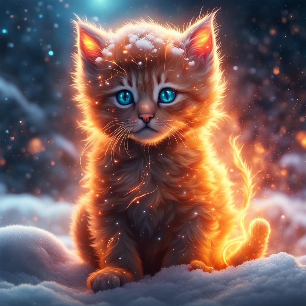 Glowing Fire Kitten in Galactic Snowscape