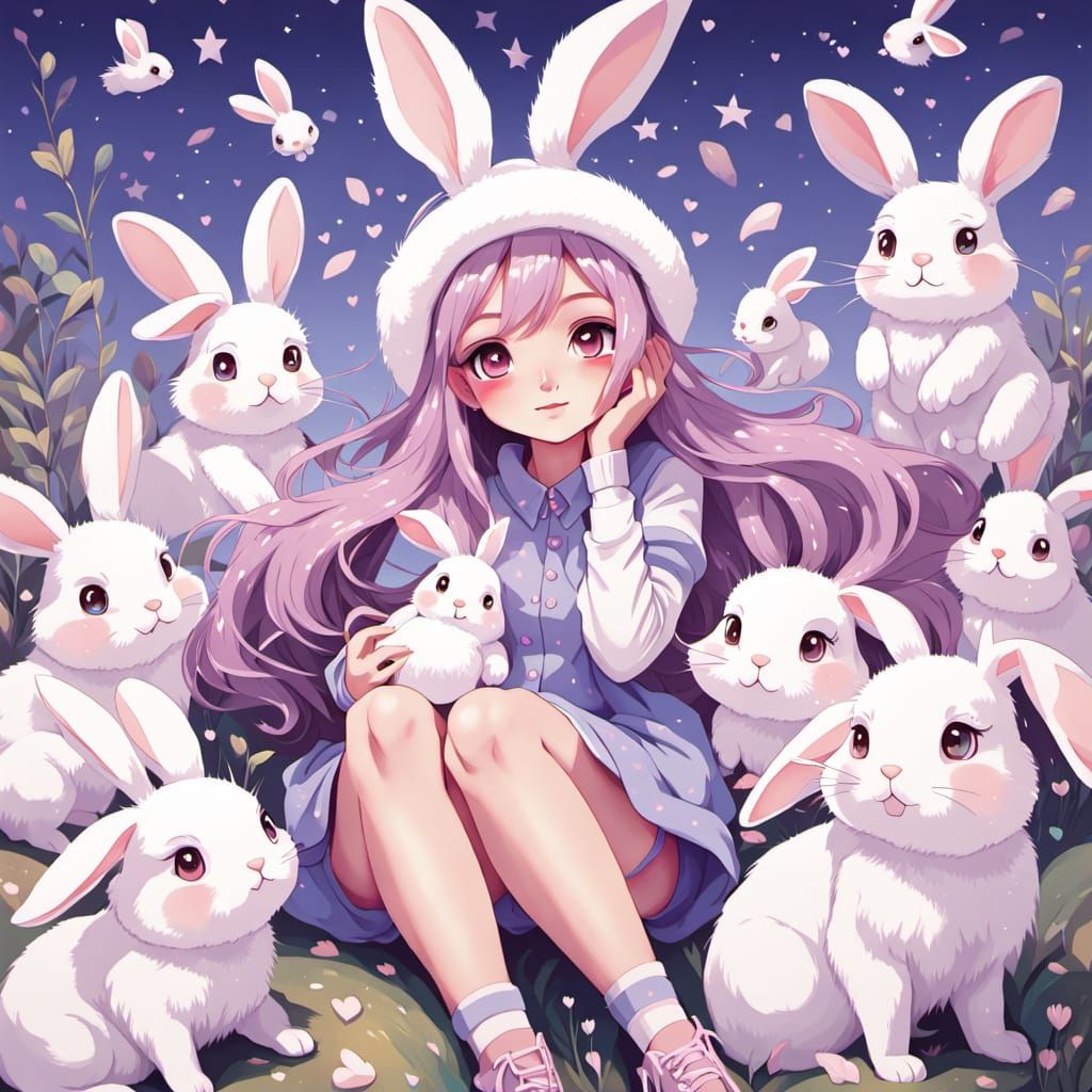 Kawaii Anime Girl with Bunnies in Pastel Dreamscape