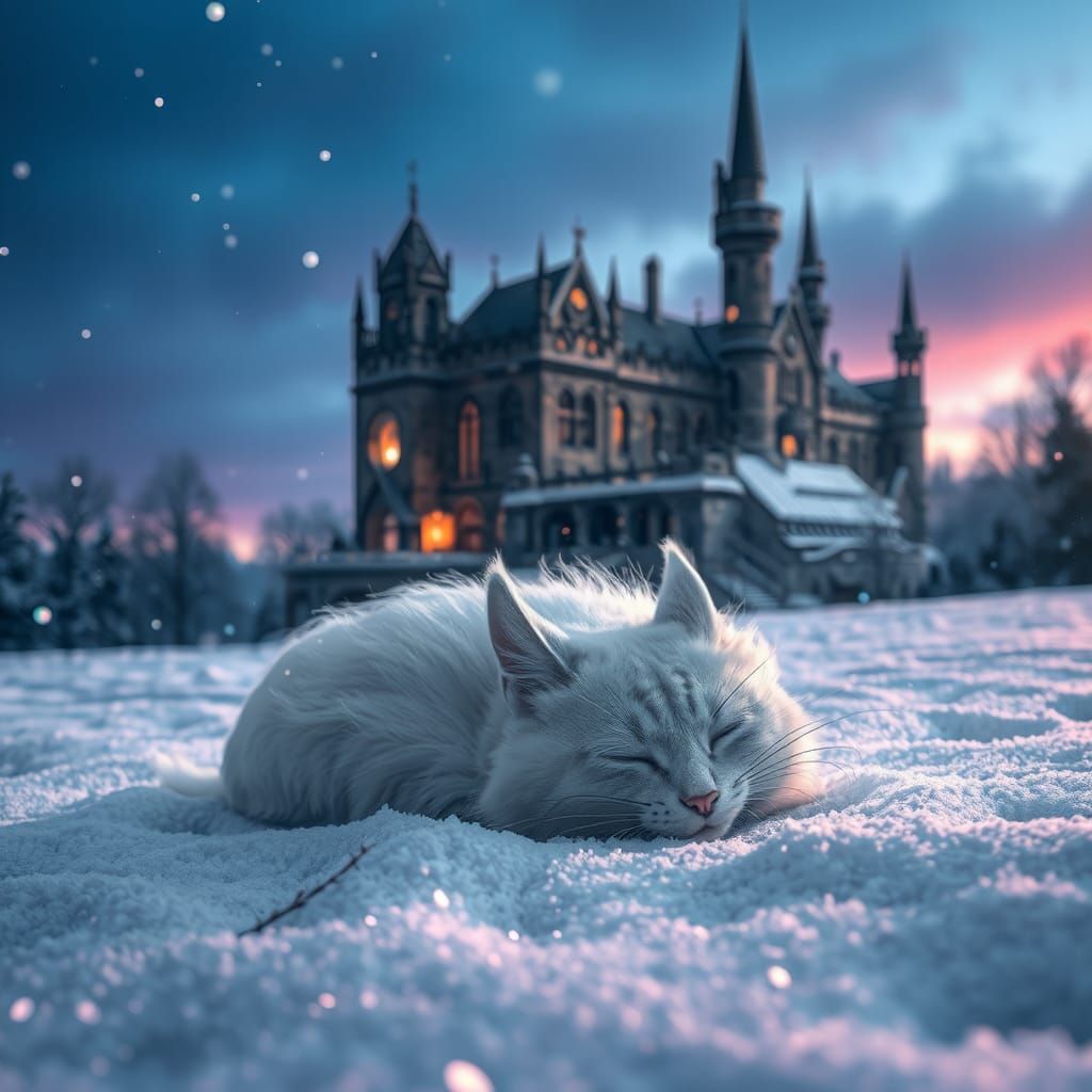 Twilight Landscape with Vampire Cat in Fantasy Style