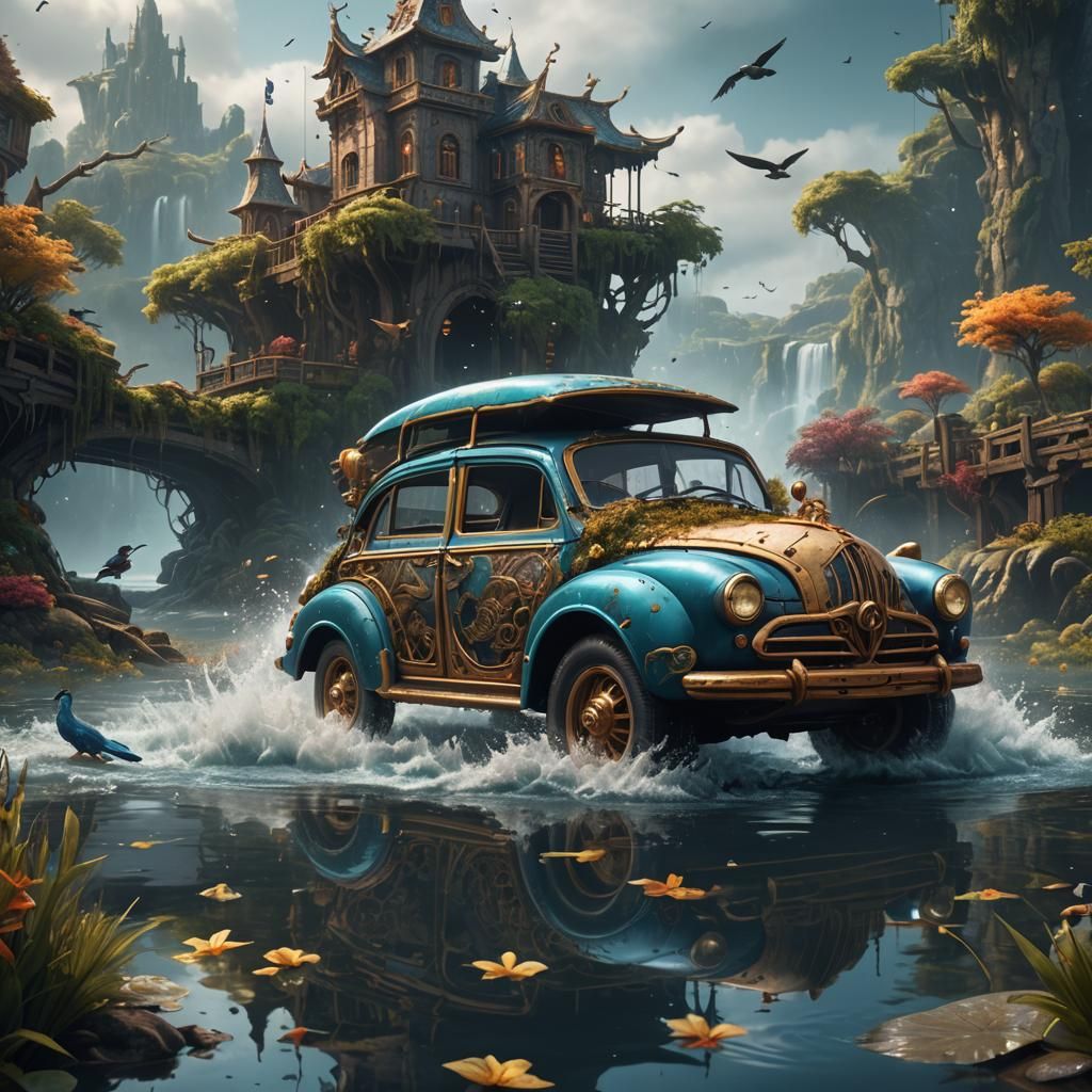 Fantastical Water Bird Car in Detailed Matte Painting