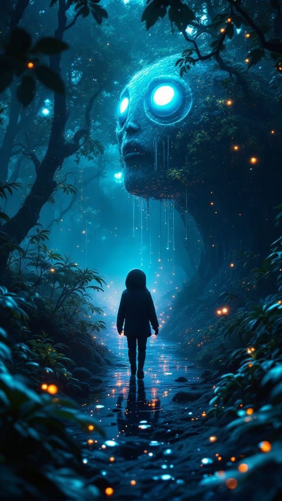 Surreal Forest Scene with Friendly Monster Figure