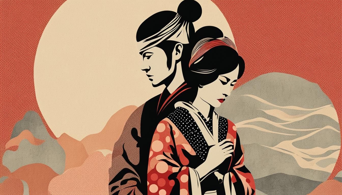 Embracing Noblewoman and Samurai in Surreal Japanese Art