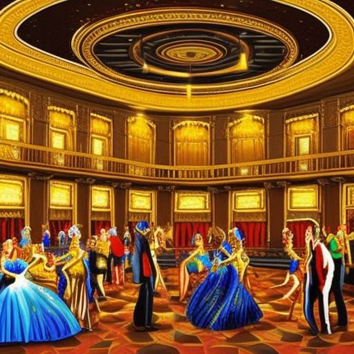 Warm Royal Ballroom Scene: Hyperrealistic Digital Art