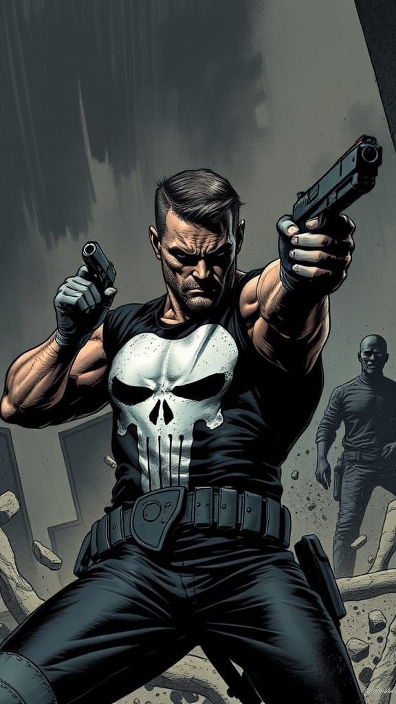 Punisher Action Scene in Gritty Graphic Novel Style