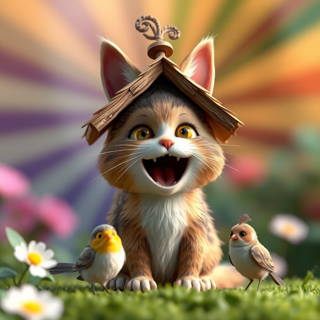 Cat Birdhouse Surprise in Pixar-esque Style
