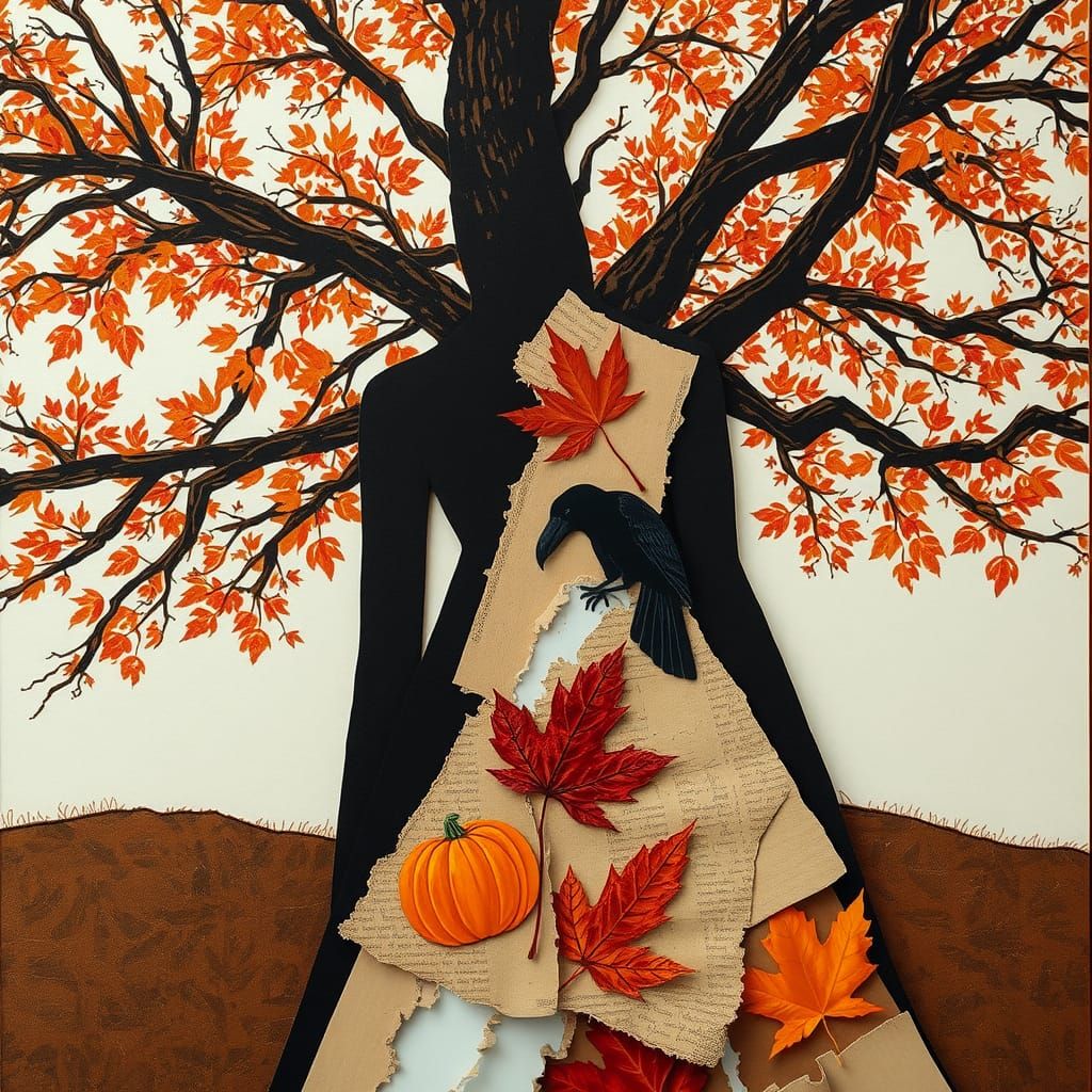 Autumnal Collage Dress in Cubist Style