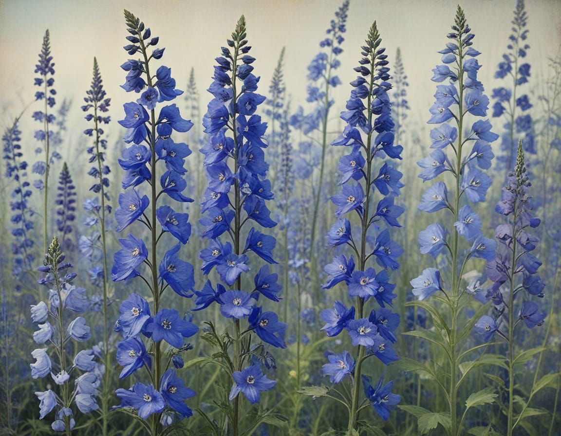 Delphinium and Monkshood in Printmaking Style