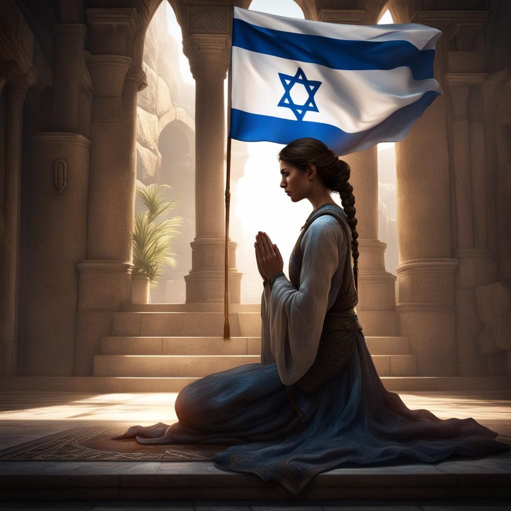 Praying Woman with Israel Flag: Dark Fantasy Art