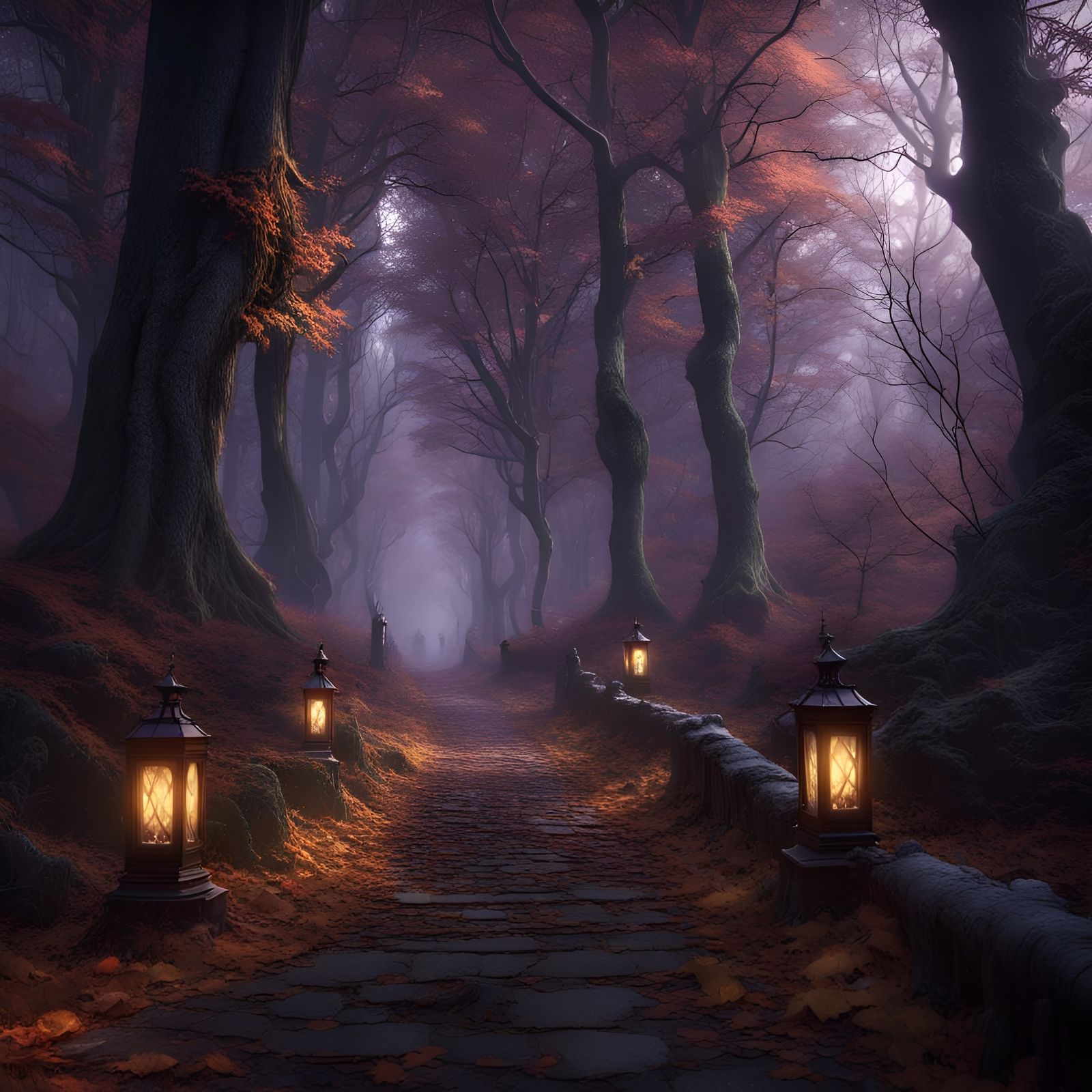 Gloomy Autumn Forest with Magic Lanterns in Snow