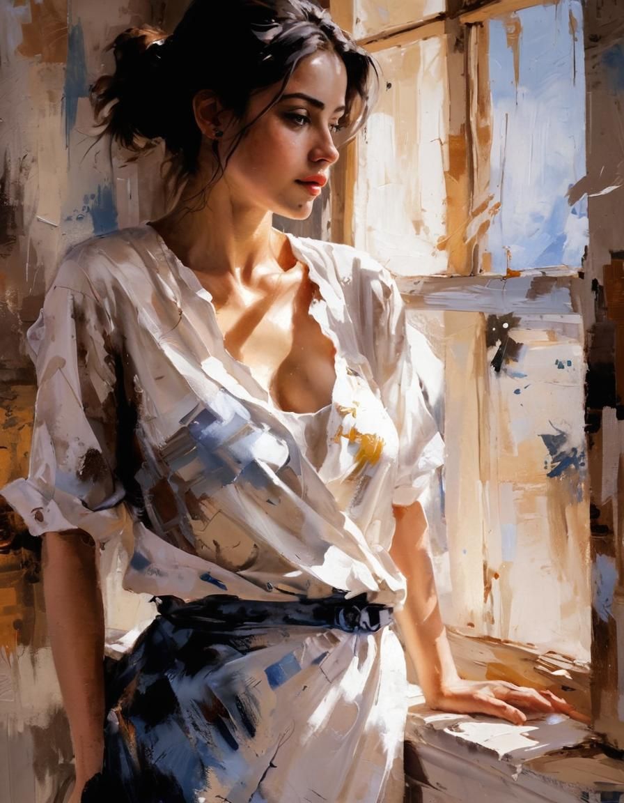 Expressive Oil Painting of Woman with Dramatic Lighting