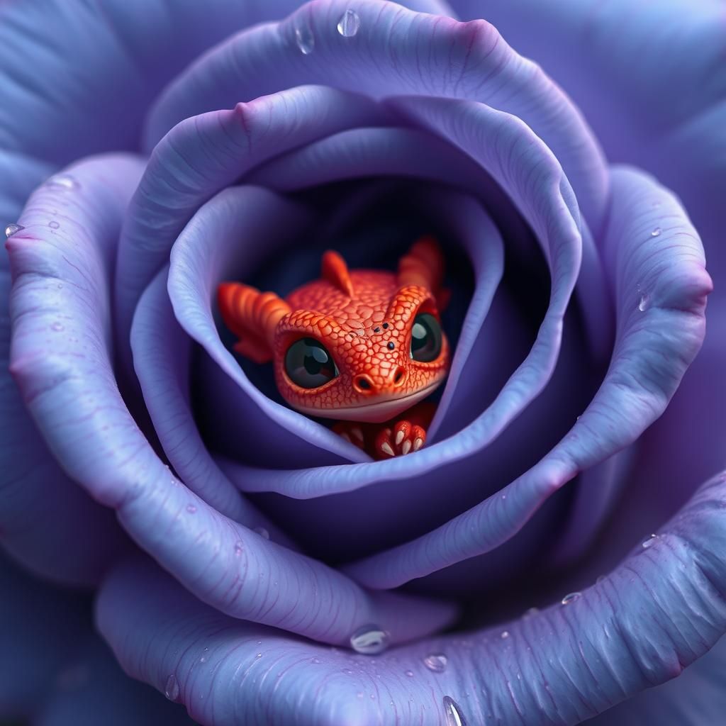 Red Dragon in Blue Rose with Dew Drops