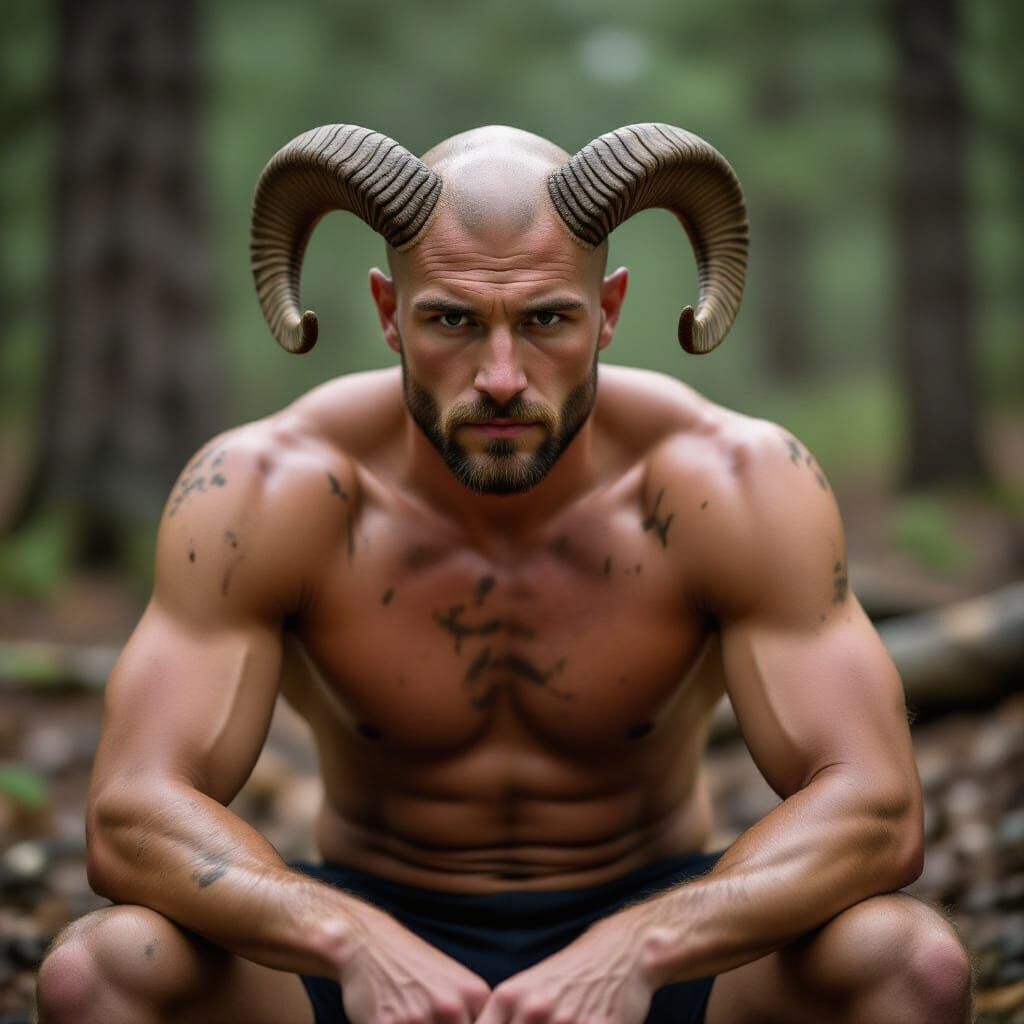 Mud-Covered Athletic Man With Ram Horns in Woods