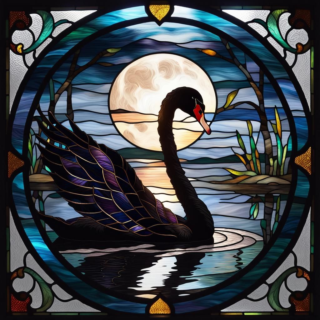 Majestic Black Swan in Stained Glass Art