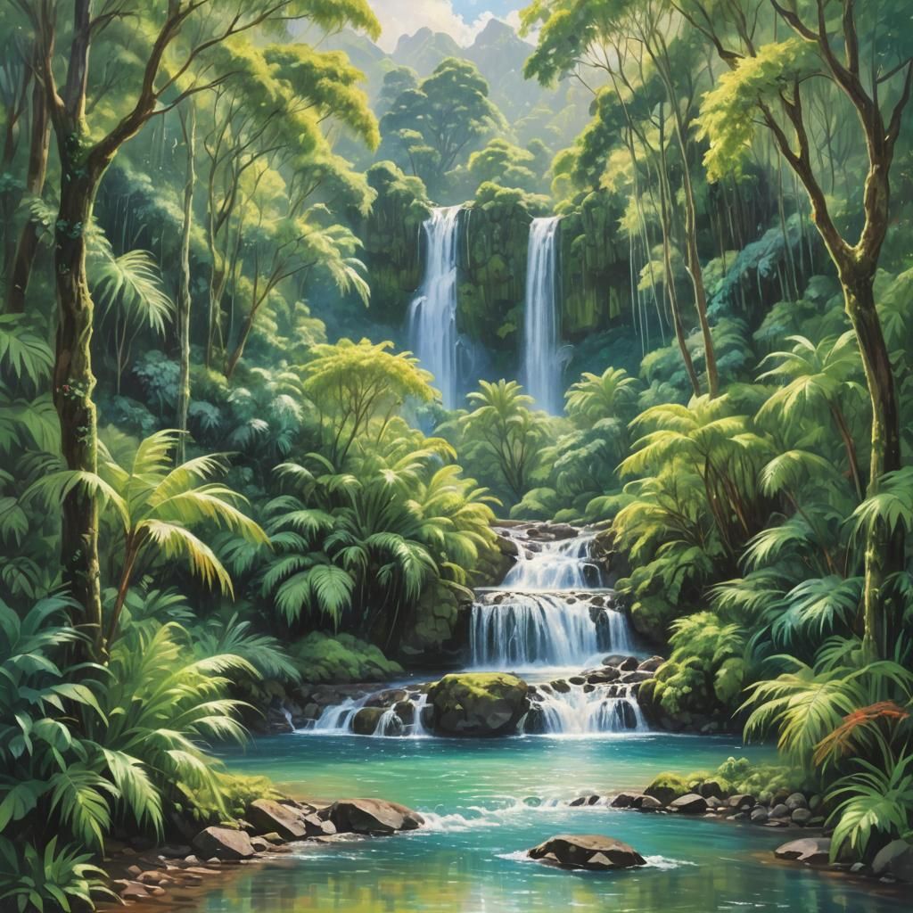 Lush Takamaka Waterfalls in Impressionist Style