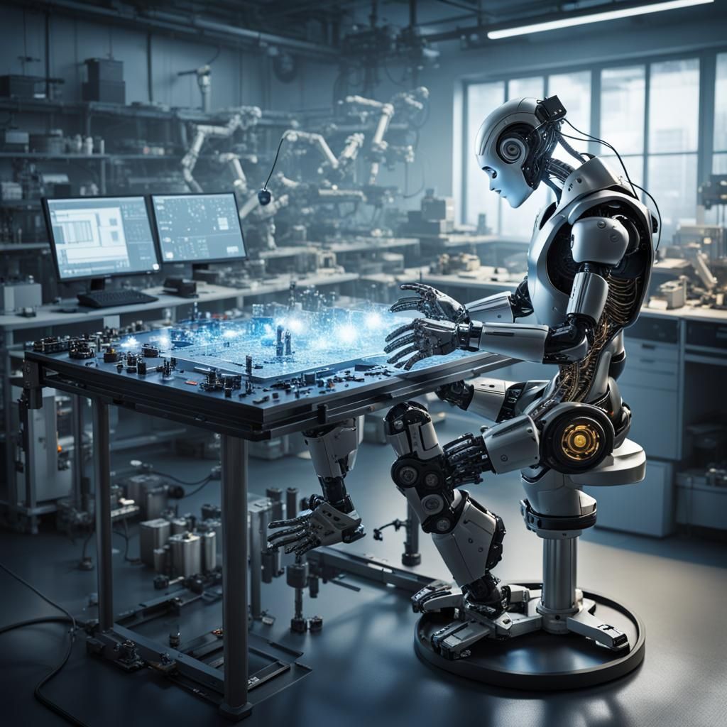 High-Tech Lab: Scientist and Humanoid Robot
