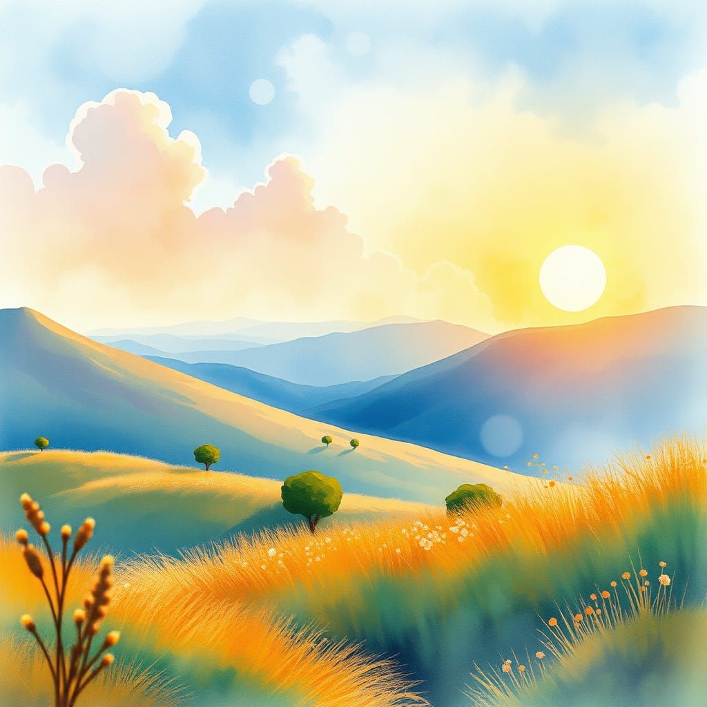 Dreamy Landscape in Watercolor, Impressionistic Style