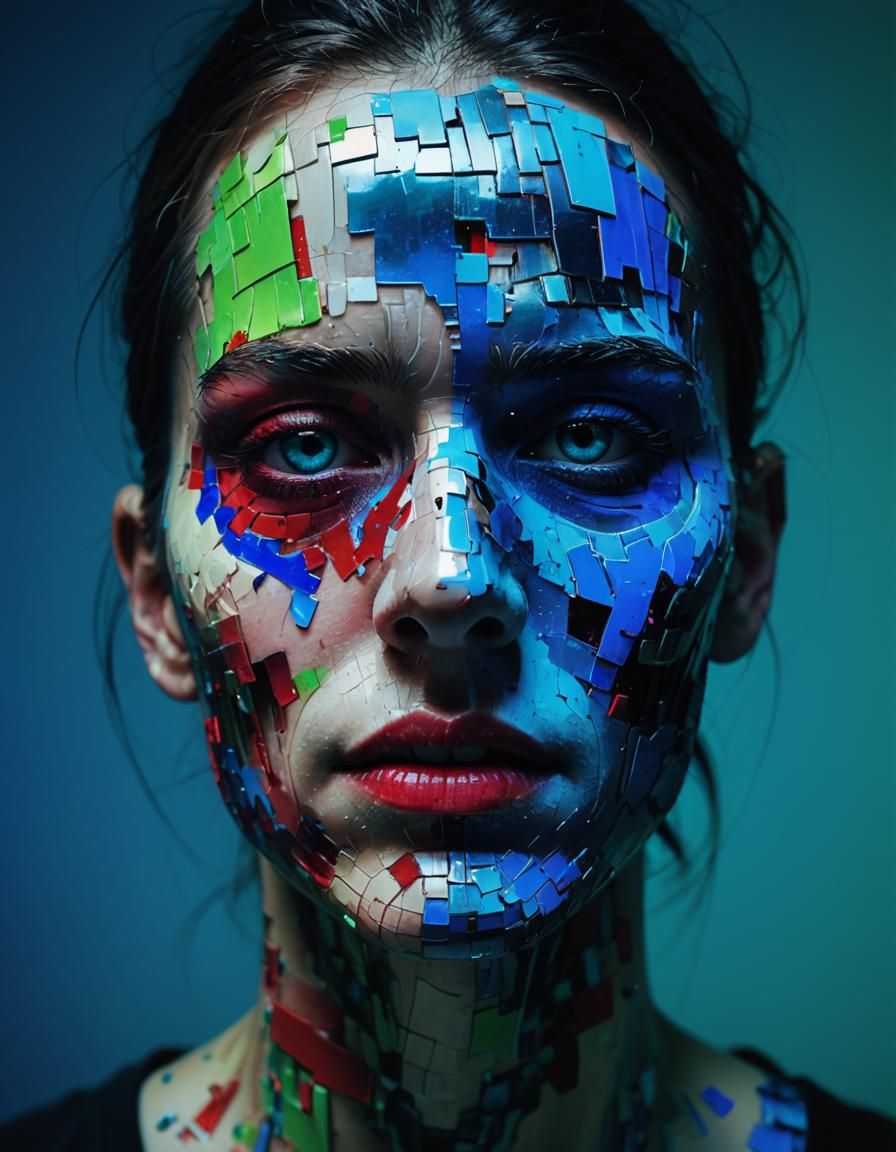 Distorted Glitch Face in Neon Noir Digital Art