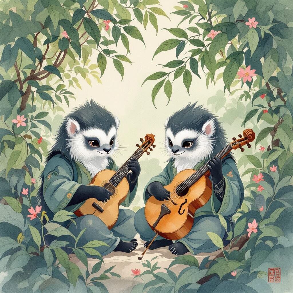 Gibbons Play Music in Chinese Watercolor Style