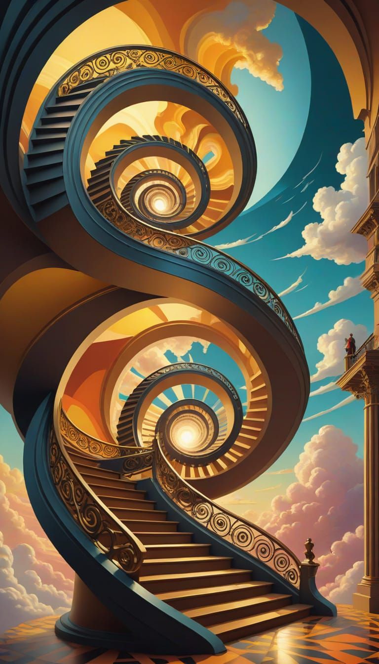 Ethereal Ascent: Vibrant, Futuristic Staircase in Golden Clo...