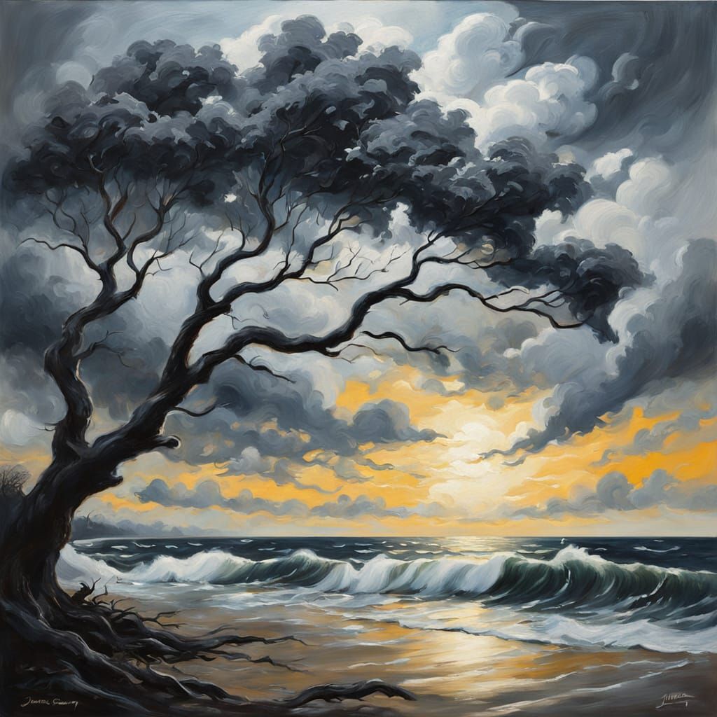 Turbulent Sea Storm Oil Painting with Dramatic Lighting