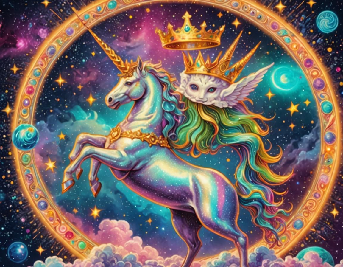 Cosmic Unicorn with Crown in Vibrant Surreal Style