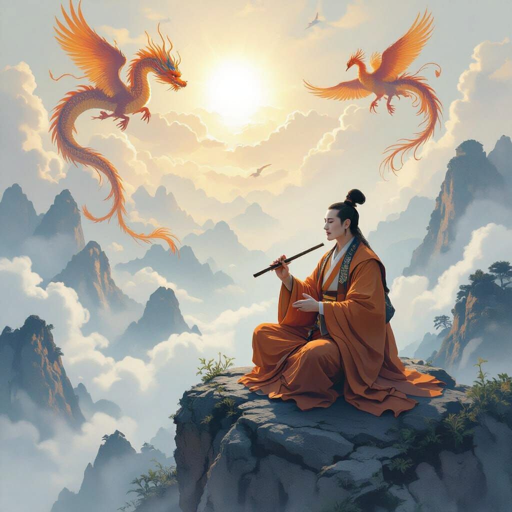Eastern Monk on Misty Peak with Dragons and Phoenixes