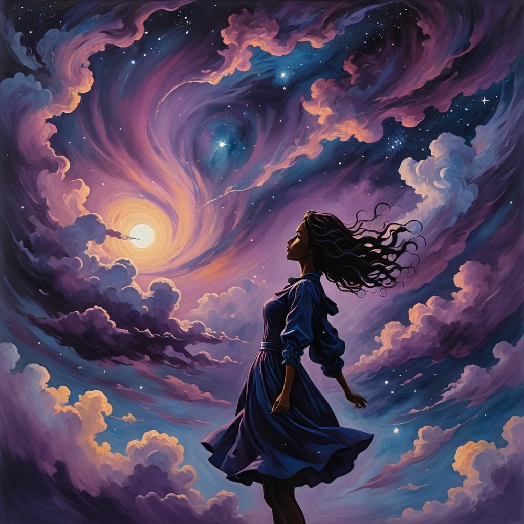 Girl in Starry Night Sky: Surreal Impasto Painting