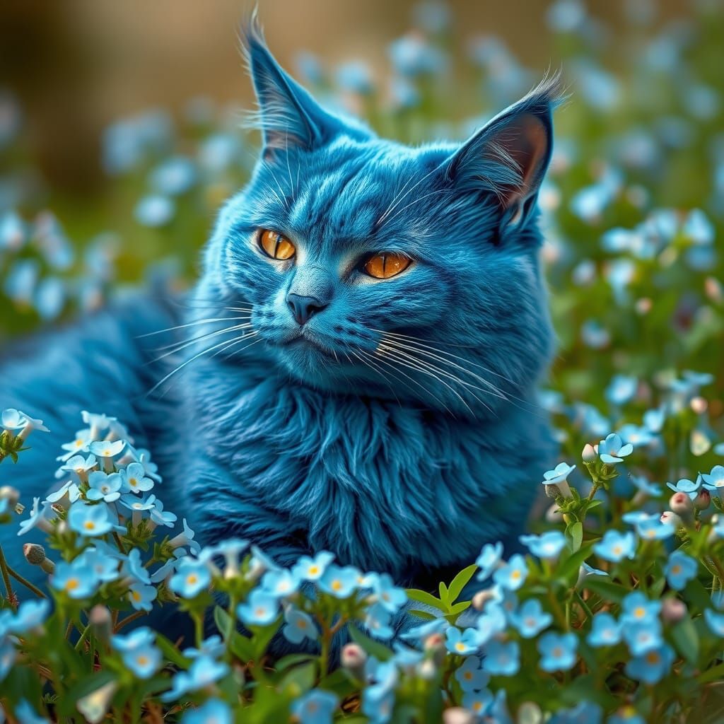 Blue Cat in Forget-Me-Nots, Neo-Cubist Art Deco Style