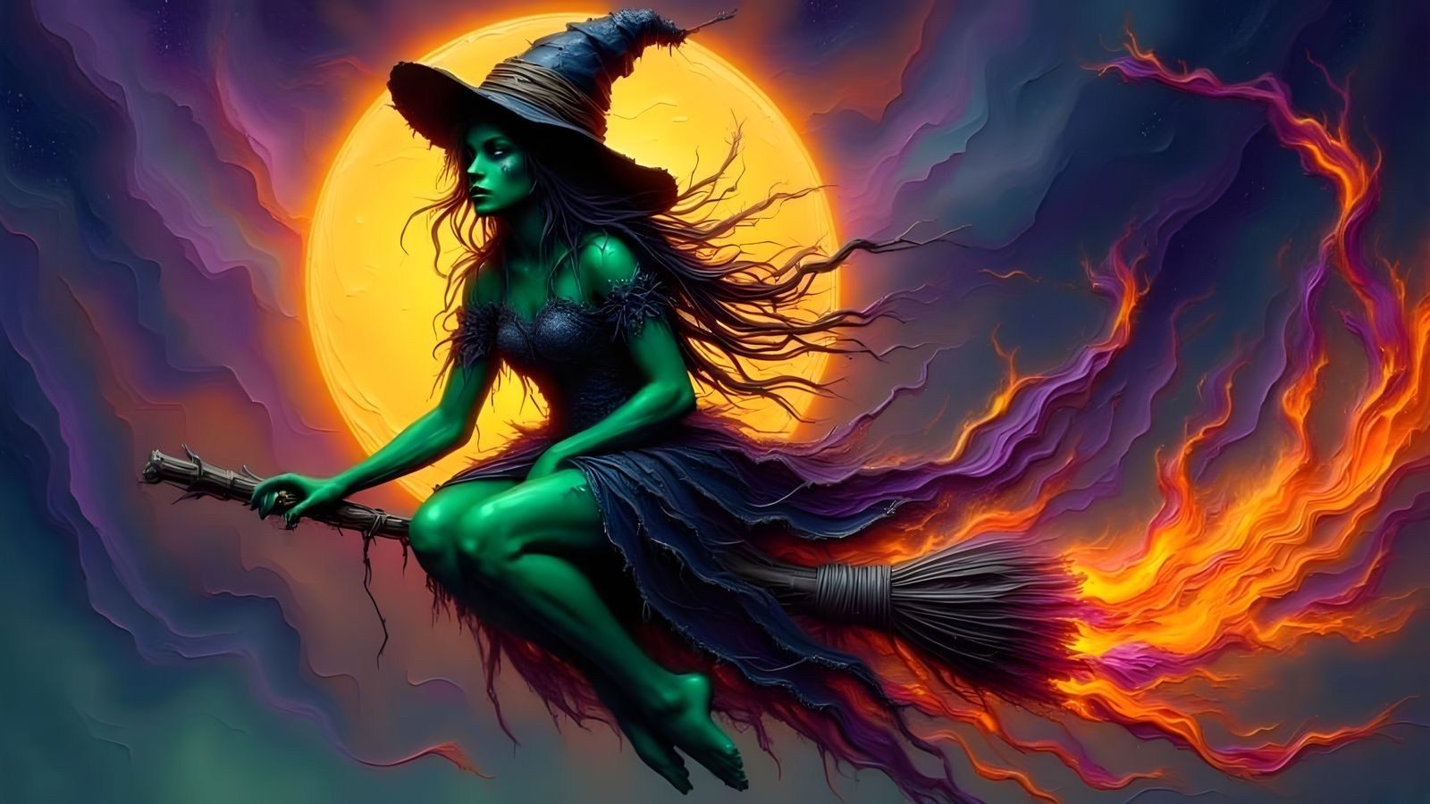 Mystical Moon Witch Flies Through Twilight Sky