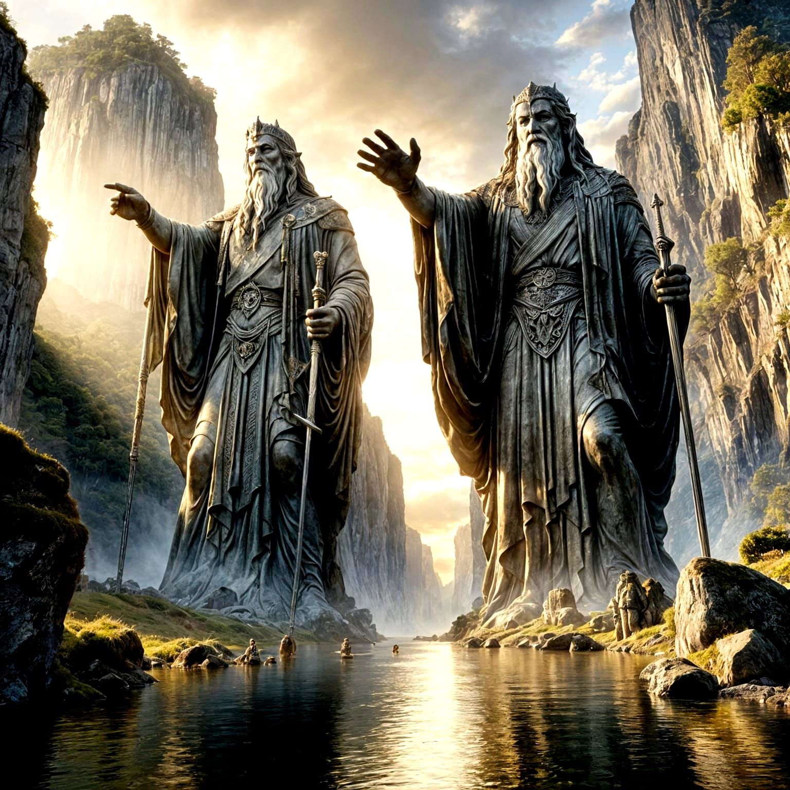 Ancient Stone Statues of the Argonath Stand Vigilant by the...
