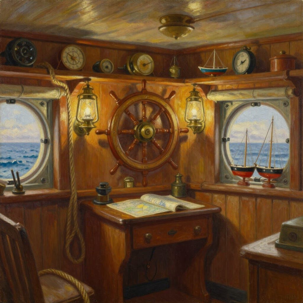 Cozy Captain's Cabin Oil Painting with Nautical Decor