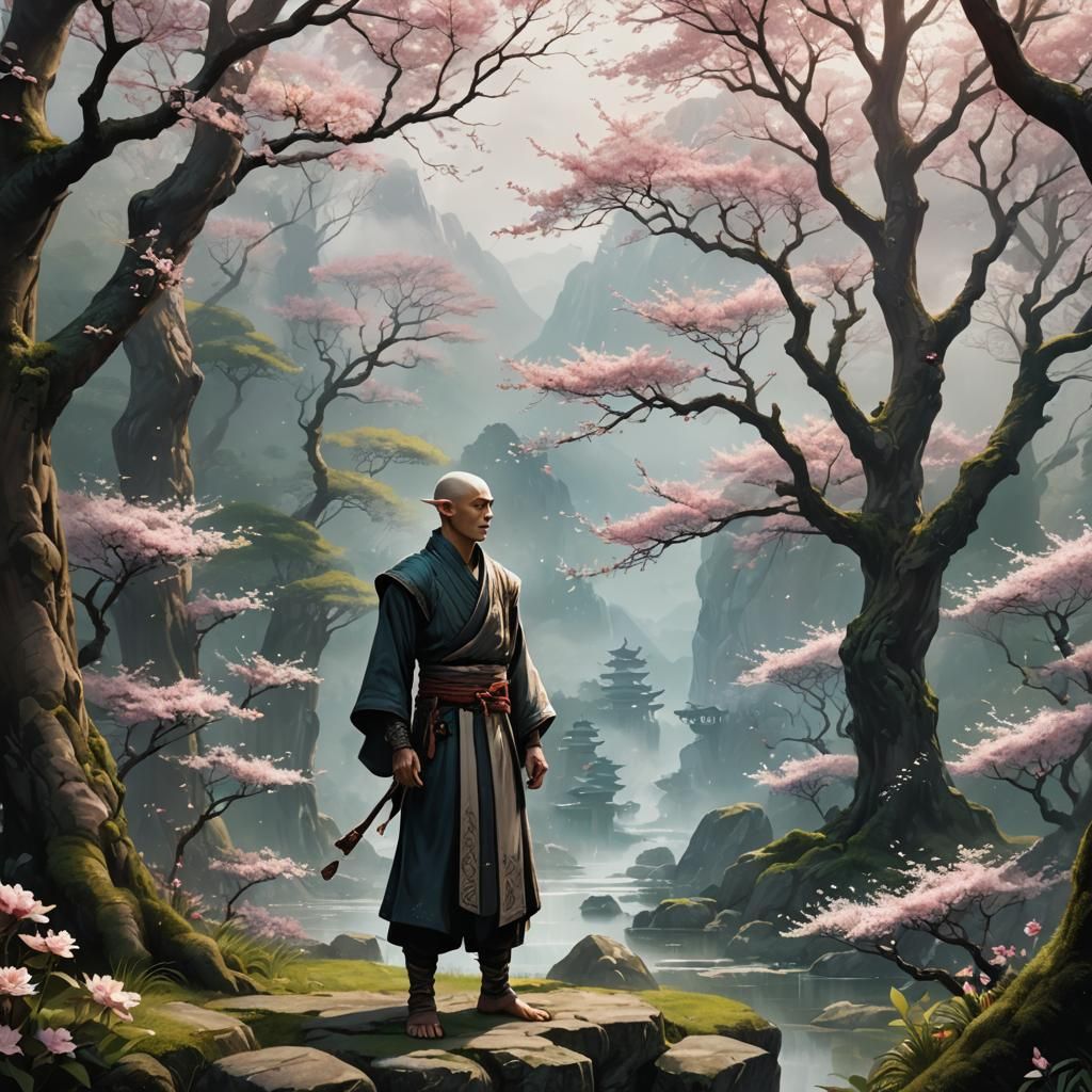 Half-Elf Monk in Forest Glade: Fantasy Art