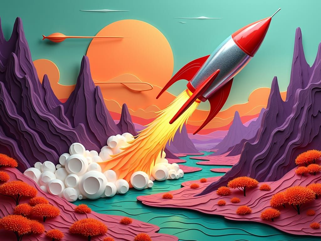 Retro-Futuristic Rocket Landing on Alien Planet