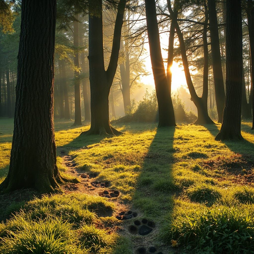 Mystical Forest Scene with Paw Prints: Renaissance Style