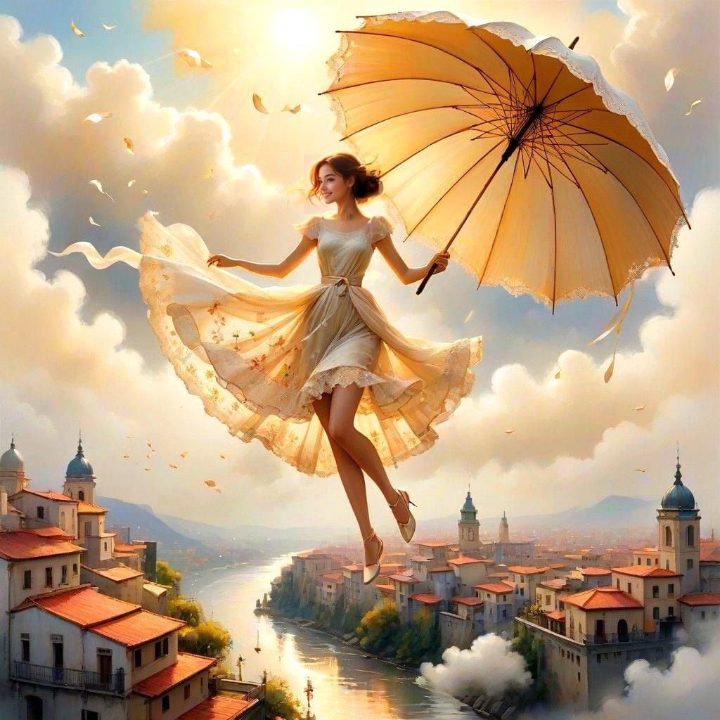 Ethereal Young Woman Floats into Sky, Umbrella and Lace Ador...