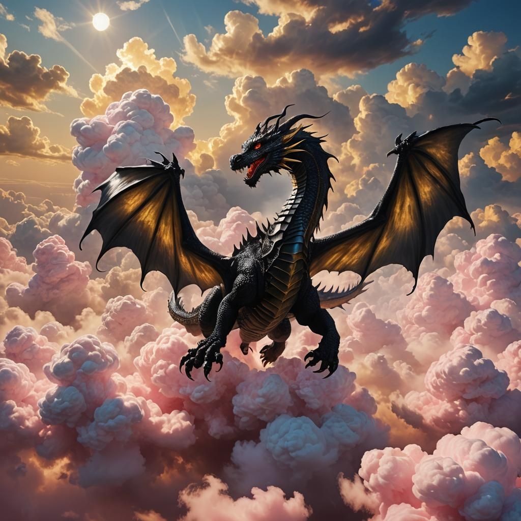 Epic Black Dragon Flight Above Golden Clouds