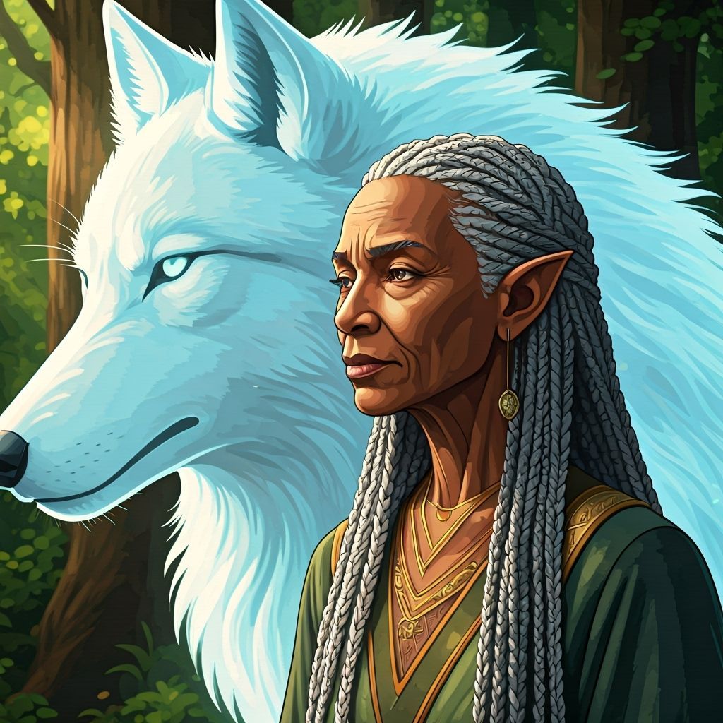 Elderly Elf Woman and Wolf Spirit in Sylvan Grove