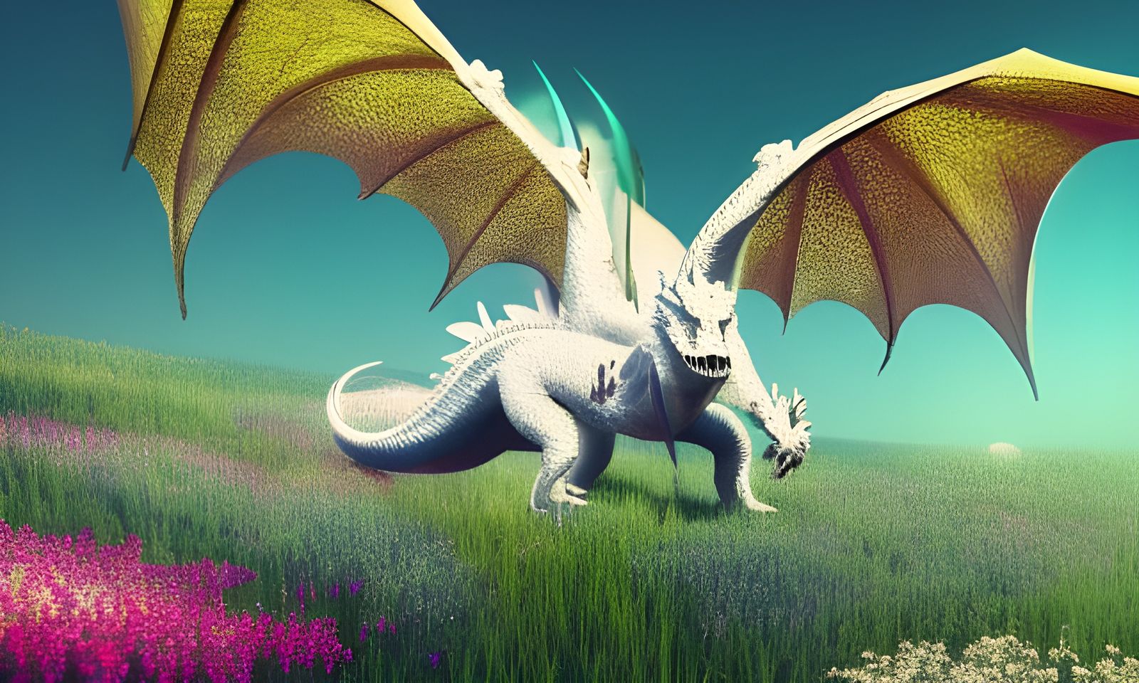 White Dragon in Flower Field: Aetherpunk Fantasy