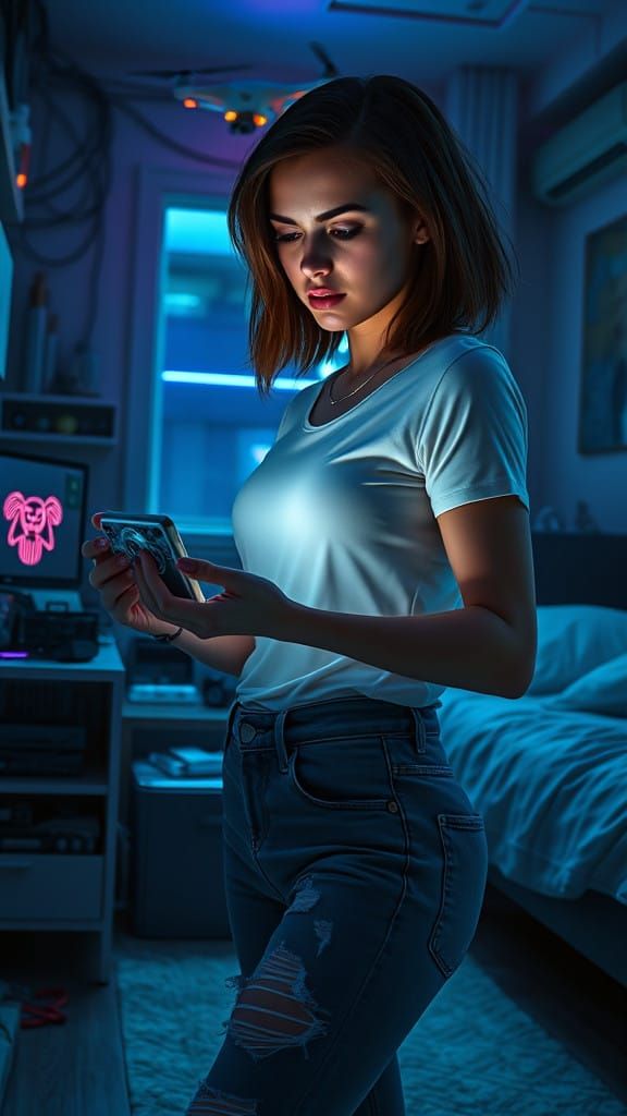 Young Woman in Futuristic Bedroom with Neon Accents and High...