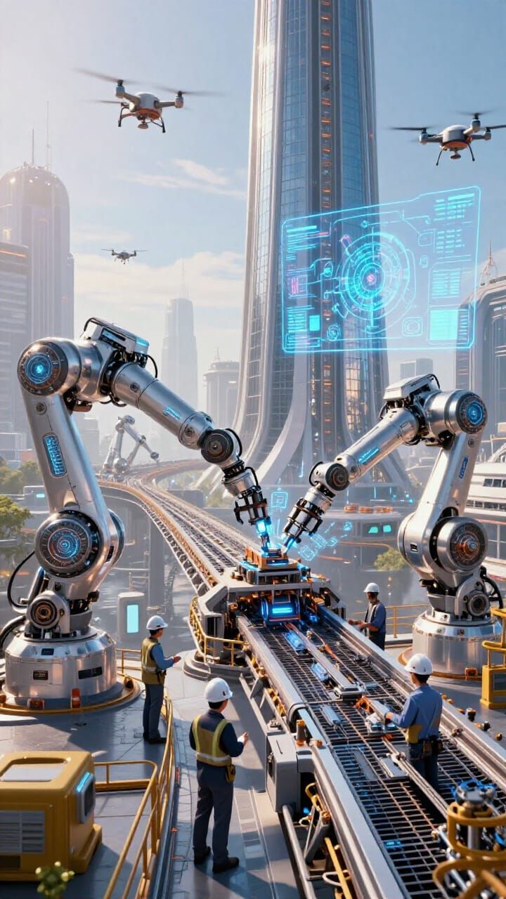 Futuristic Engineering Site: Humans and AI Collaborate on Br...