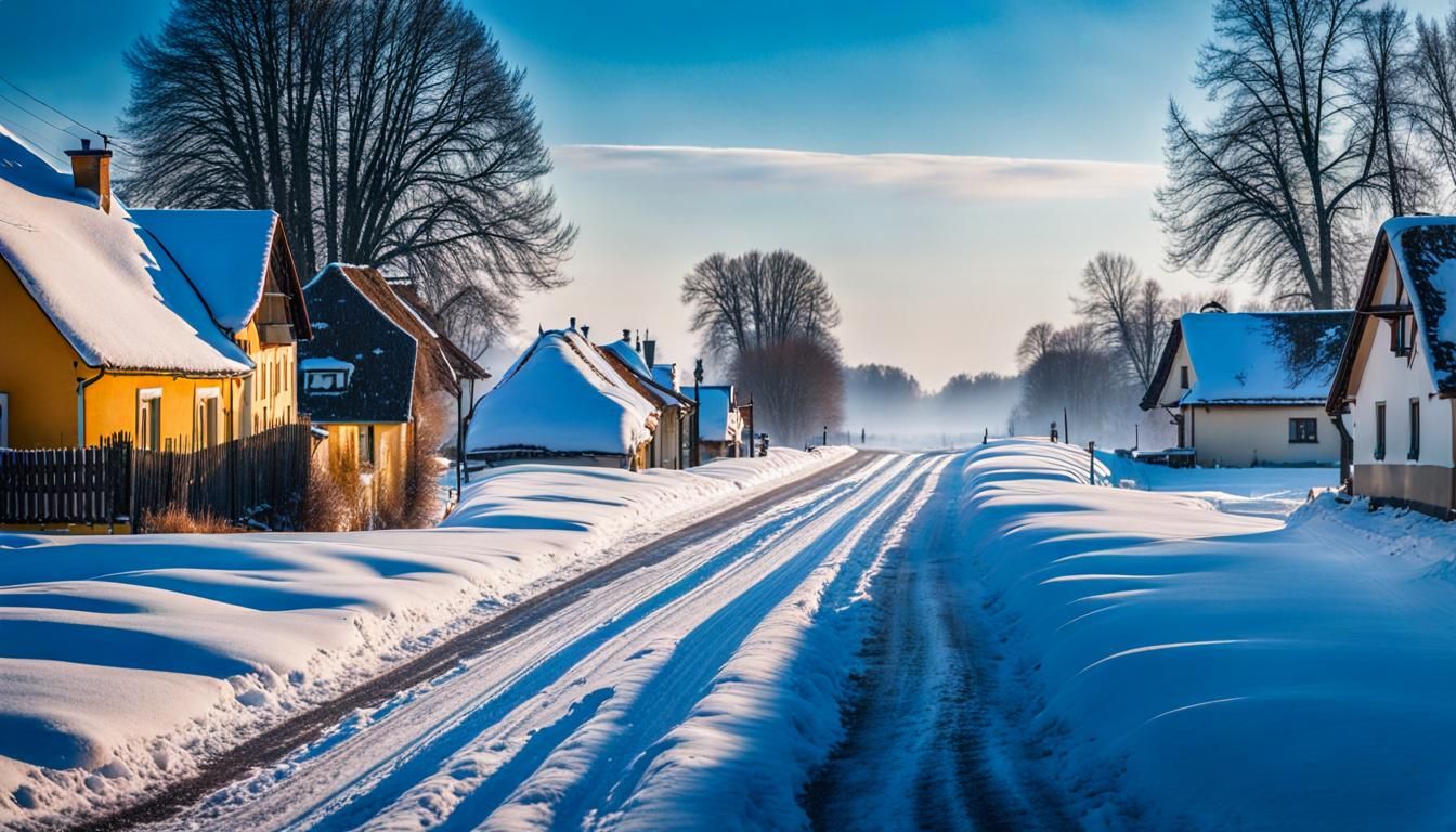 Winter Snowfall in a Hungarian Village