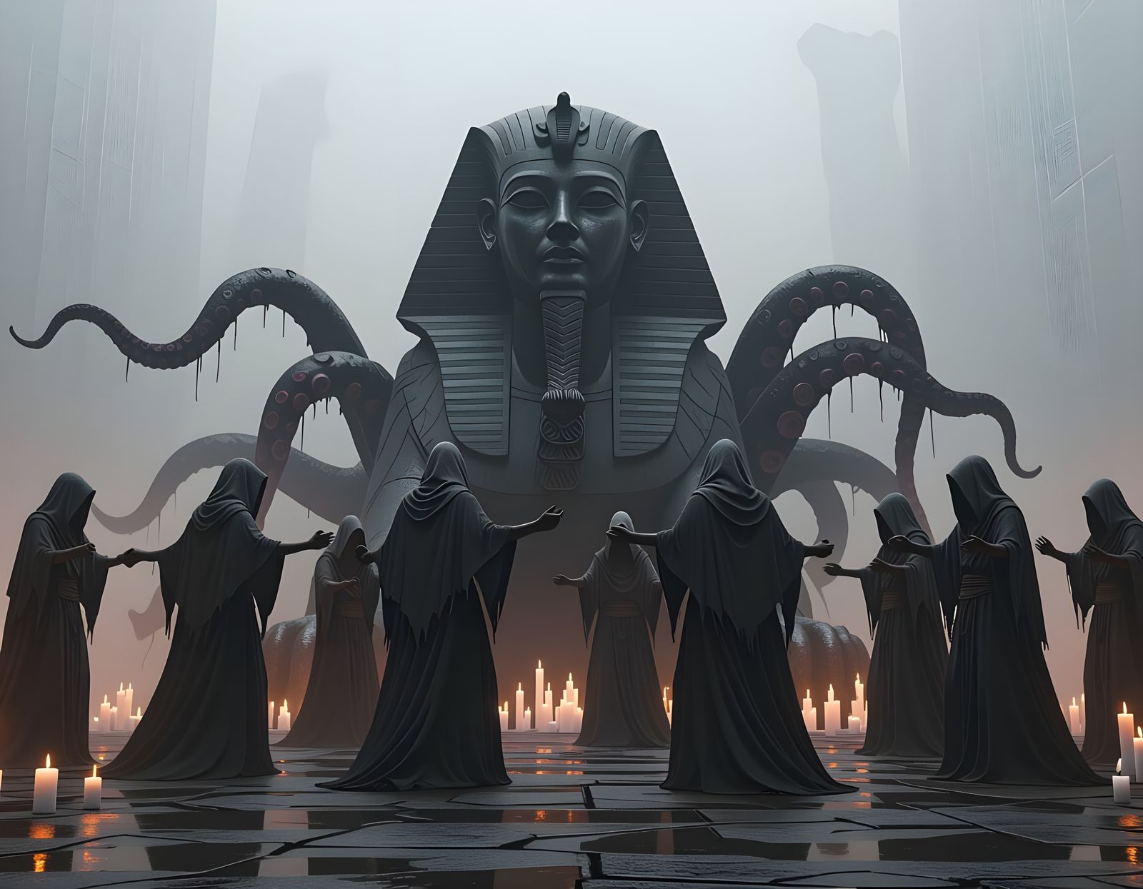 Occult Ritual Before Tentacled Sphinx Statue