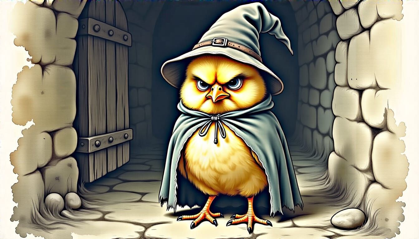 Grumpy Chick in Medieval Room, Watercolour Painting