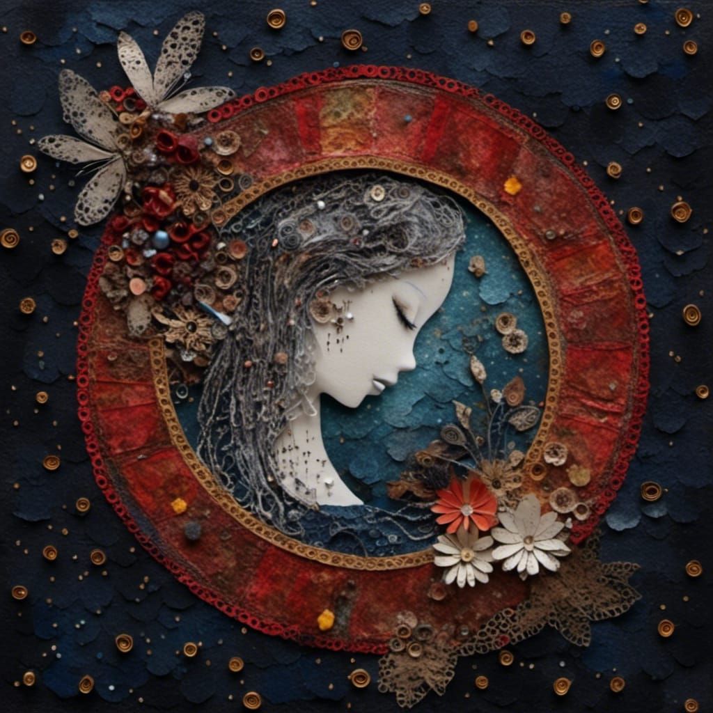 Elaborate Mixed-Media Collage Portrait in Moonlight