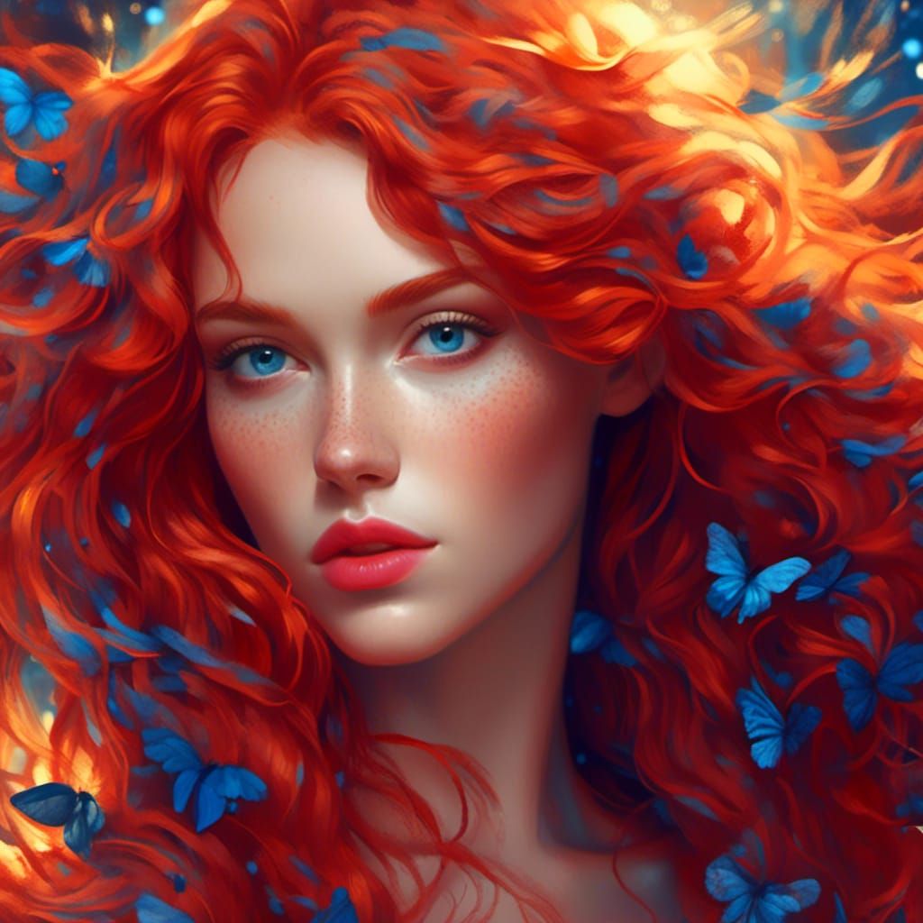 Stunning Woman Portrait with Red Hair in Hyperrealistic Styl...