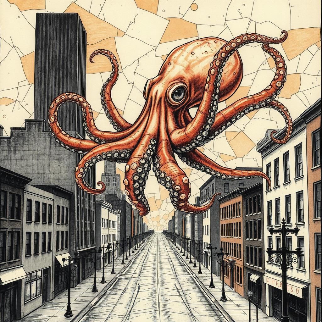 Surreal Octopus Soaring Over City Street: Dreamscape