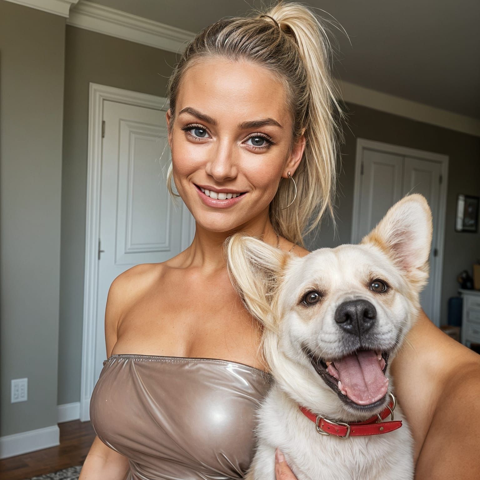 Blonde Woman and Dog Selfie